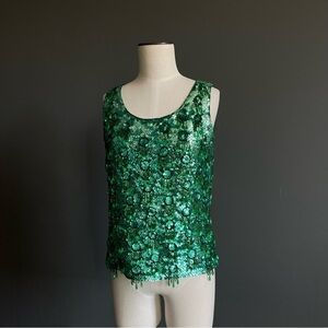 Vintage Emerald Sequin Beaded Tank Top Art Deco Glam Party 80s Luxe Maximalism